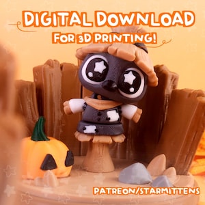 May include: A digital download image for 3D printing featuring a whimsical character with star-shaped eyes, a pumpkin, and the text "DIGITAL DOWNLOAD FOR 3D PRINTING!" The character is gray, white, and brown, with a scarf and button details. A small orange pumpkin with a green stem is also present.