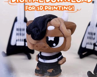 May include: A 3D-printed figurine of a cartoonish bull with a black and white striped shirt and torn pants. The bull has a black hairstyle, white horns, and a large eye. The text "DIGITAL DOWNLOAD FOR 3D PRINTING!" is at the top.