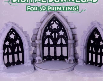 May include: Three miniature gothic archways with black latticework and star-shaped cutouts. The archways are light gray and sit on a matching base. The text "DIGITAL DOWNLOAD FOR 3D PRINTING!" is at the top. The text "PATREON/STARMITTENS" is at the bottom.