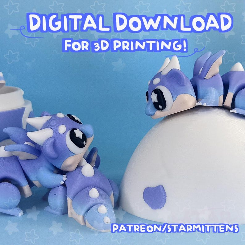 Pu&ograve; includere: Grafica per download digitale con il testo "DOWNLOAD DIGITALE PER LA STAMPA 3D!" e "PATREON/STARMITTENS". L'immagine presenta diverse piccole statuette di draghi blu e bianchi con grandi occhi e pupille a forma di stella. Lo sfondo &egrave; azzurro.