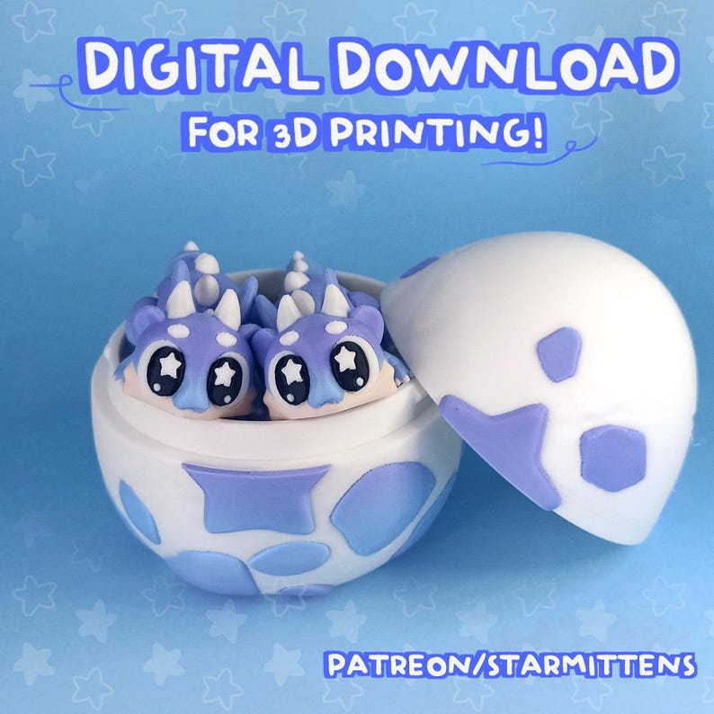Pu&ograve; includere: Un contenitore a forma di uovo bianco e azzurro con due figure di drago viola e bianco all'interno. L'uovo &egrave; aperto, rivelando le figure. Il testo in alto recita "DOWNLOAD DIGITALE PER LA STAMPA 3D!" e in basso "PATREON/STARMITTENS".