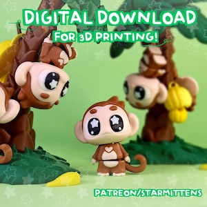 May include: A digital download image featuring 3D-printed monkey figurines. The monkeys are brown with large, star-shaped eyes and are posed near a tree with bananas. The text "DIGITAL DOWNLOAD FOR 3D PRINTING!" is at the top.