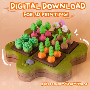 May include: A 3D-printed garden scene featuring green lettuce, pink trees, orange carrots, and brown onions. The base is green with brown soil areas for the crops. The text "DIGITAL DOWNLOAD FOR 3D PRINTING!" is at the top of the image.