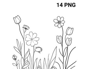 14 Flower Line Art, Minimalist Animal Clipart PNG, Junk Journal Paper Crafts Clipart Bundle
