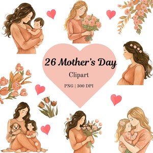 26 Mother&#39;s Day Clipart Bundle  Download PNG, Watercolor Clipart Images, Mom and son daughter Clipart.