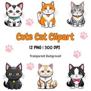 12 schattige kat clipart png, kawaii kat, kat clipart, schattige kat, ongewenste dagboek png, digitale download