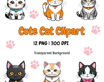 12 Cute Cat Clipart PNG, Kawaii cat, Cat Clipart, Cute Cat, Junk Journal PNG, Digital Download