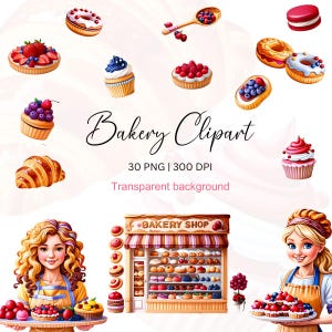 30 bakkerij clipart png, bakkerij winkel, cup cakes, bakken clipart, vrouw bakken, gebak clipart, junk Journal png, digitale download