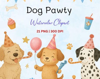 Watercolor Puppy Clipart Bundle: Dog Birthday Party PNG (Commercial Use)