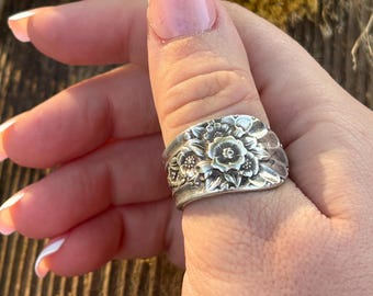 Vintage Floral Spoon Ring, Upcycled Silverware, Bohemian Statement Ring