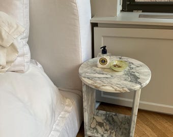 Calacata Marble Nightstand: Custom End Table, 16"dia x 18"h