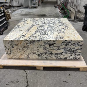 May include: A large, rectangular, white marble coffee table with black and gold veining. The table is sitting on a wooden pallet.