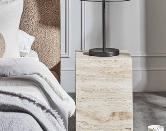 Honed Travertine Cubic Side Table, Plinth End Table