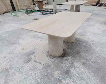Light Travertine Rectangular Dining Table with Pedestal Legs