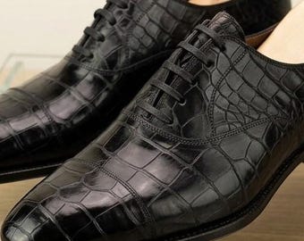 Handmade Black Crocodile Pattern Leather Oxford Shoes – Bespoke Formal Dress Shoes