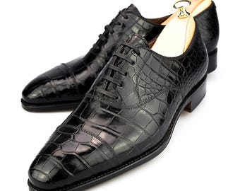 Men's Handmade Leather Shoes Black Crocodile Pattern Oxford Formal Dress Shoes