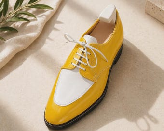Handgemaakte lederen gele en witte herenschoenen formele veterschoenen