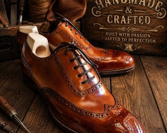 Mens Handmade Brown Tone Leather Wingtip Brogue Lace Up Formal Dress Shoes