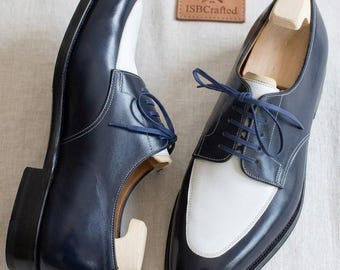 Handmade Navy Blue and White Spectator Shoes | Men's Two Tone Leather Derby Oxfords