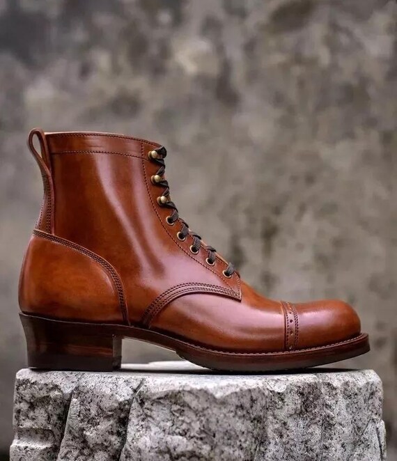 Handmade Men's Tan Leather Boots Lace-up Cap Toe Formal Dress Office Boots  - Etsy New Zealand