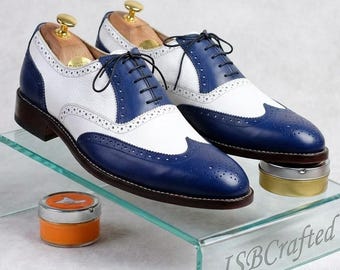 Men's Handmade Blue White Two Tone Spectator Oxfords Brogue Wingtip Dress Shoes