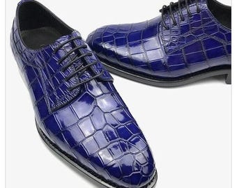 Handgemaakte leren schoenen heren blauw krokodillenpatroon veterschoenen