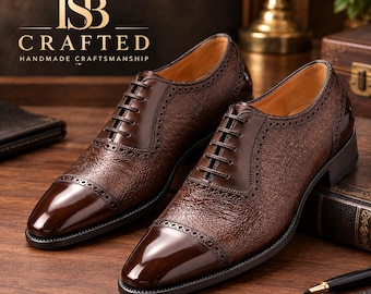 Men's Handmade Brown Leather Brogue Oxford Shoes, Luxury Formal Dress Wedding Shoes