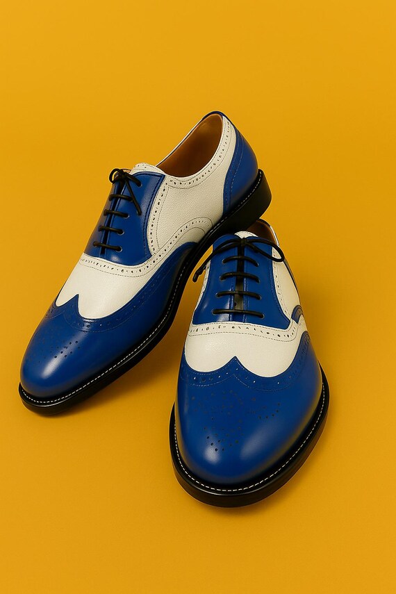 Men's Handmade Blue & White Brogue Leather Wingtip Lace Up Oxford Dress Shoes