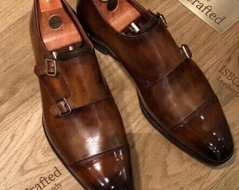 Men's Handmade Double Monk Strap Shoes - Genuine Brown & Dark Brown Leather Dress Shoes - Bespoke Handcrafted Formal Footwear