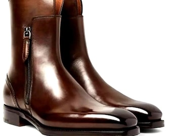 Men&#39;s Genuine Handmade Leather Ankle Zipper Boots For Men&#39;s, Ankle Dress, Men&#39;s Boots