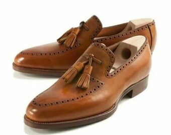 Met de hand gemaakte bruine leren Oxford-instappers, herenschoenen, vrijetijdskleding:
