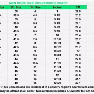 Puede incluir: Un gr&aacute;fico que muestra las conversiones de tallas de zapatos para hombres en tallas US, EU, UK, pulgadas y cent&iacute;metros. El gr&aacute;fico muestra las tallas de 5 a 16 en tallas US, de 38 a 49 en tallas EU y de 4 a 15 en tallas UK.