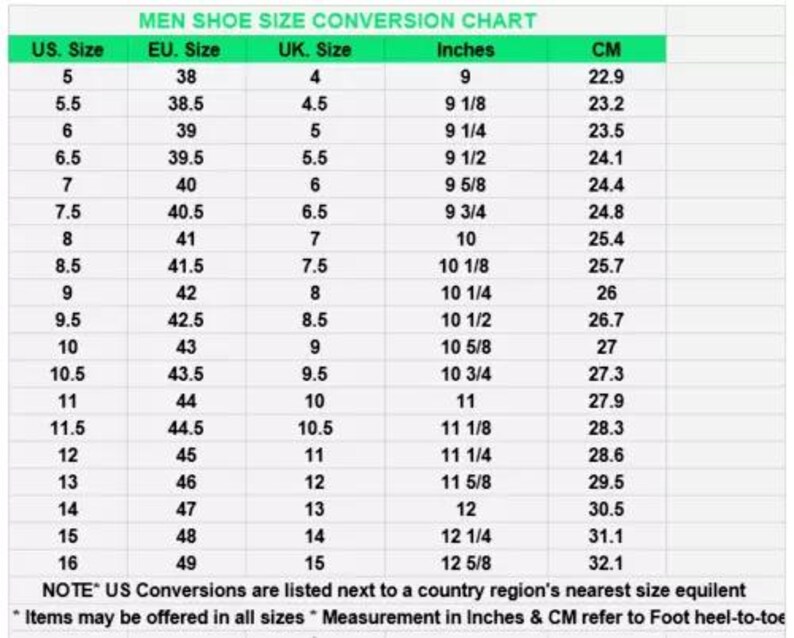 Puede incluir: Un gr&aacute;fico que muestra las conversiones de tallas de zapatos para hombres en tallas US, EU, UK, pulgadas y cent&iacute;metros. El gr&aacute;fico muestra las tallas de 5 a 16 en tallas US, de 38 a 49 en tallas EU y de 4 a 15 en tallas UK.