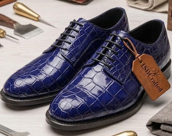 Zapatos de hombre de piel de cocodrilo azul marino – Zapatos de vestir con cordones hechos a mano, calzado formal a medida