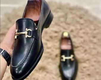 Handgemaakte echt zwarte leren instappers, casual geklede schoenen