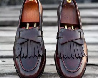 Handgemaakte bruine instapschoenen voor heren met franjes, loafer formele schoenen