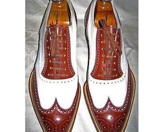 Men,s Handmade New Two-Tone Wingtip Leather Brogue Oxford Lace up Dress Shoes