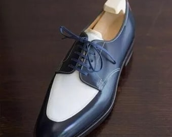 Handgemaakte blauwe en witte herenschoenen echte leren jurk formele veterschoenen