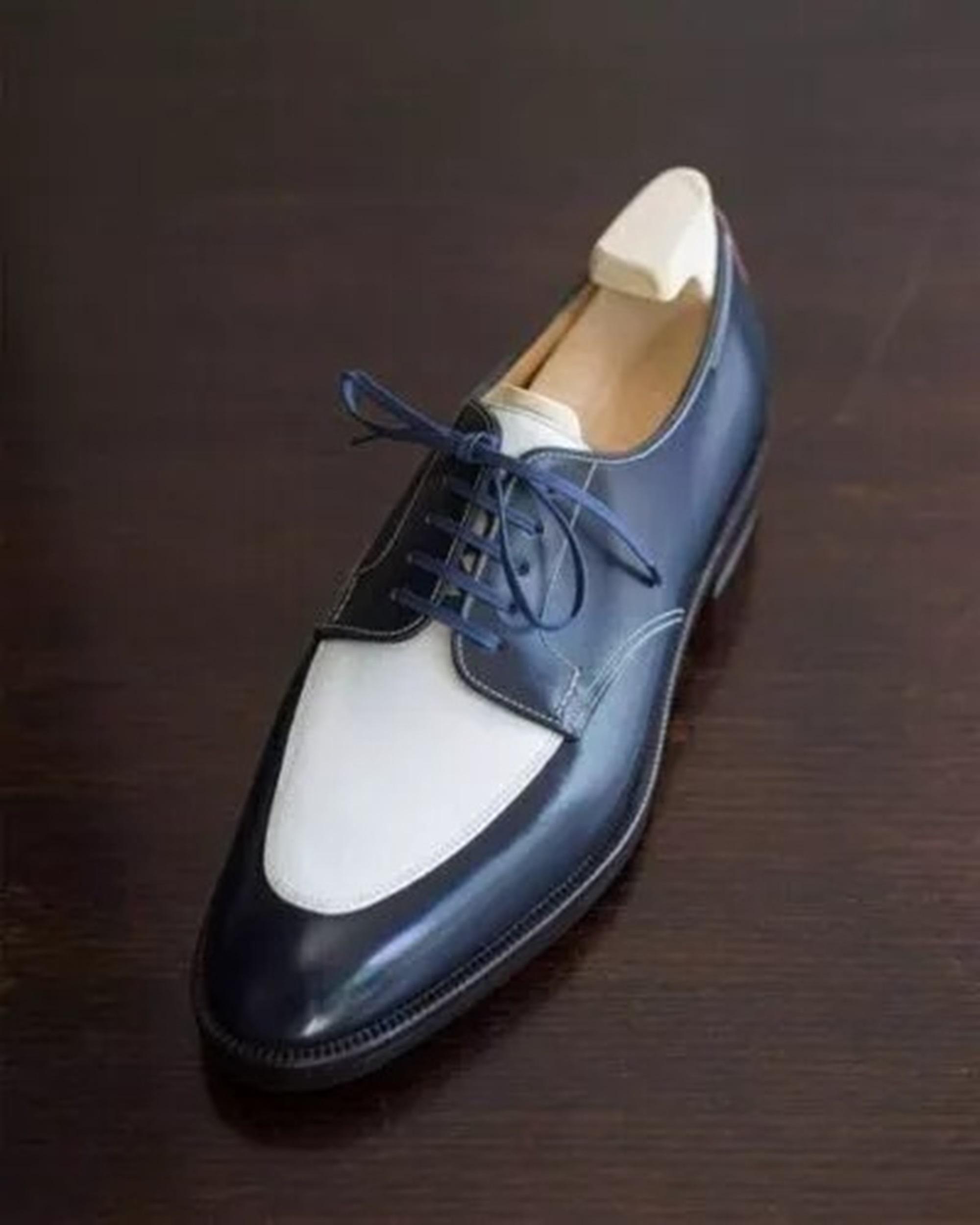 Men's Handmade Blue & White Shoes Genuine Leather Dress Formal Lace up Shoes