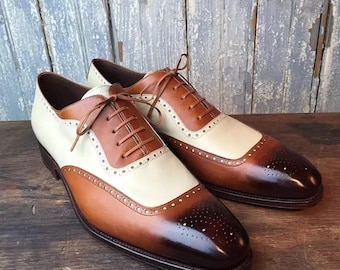 Men’s Handcrafted Two Tone Leather Wingtip Oxfords, Vintage Spectator Dress Shoes, Bespoke Leather Brogues