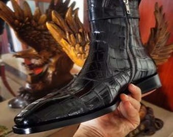 Handgemaakte lederen echte zwarte laars heren krokodillenpatroon laarzen formele kleding schoen