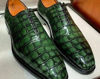 Handgemaakte echt groene leren herenschoen krokodillenpatroon formele veterschoenen
