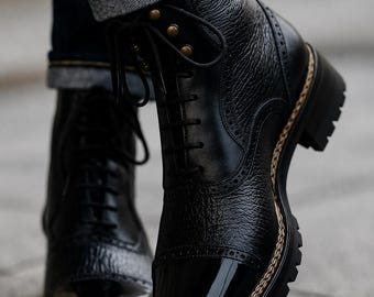 Handgemaakte zwarte leren enkellaarsjes - veterschoenen heren