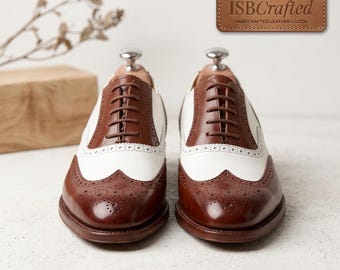 Handcrafted Two-Tone Brown & White Oxford Shoes – Leather Wingtip Spectators (1920s Style)