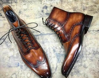 Bruine enkelhoge lederen handgemaakte laarzen heren leren vleugeltip brogues formele schoenen