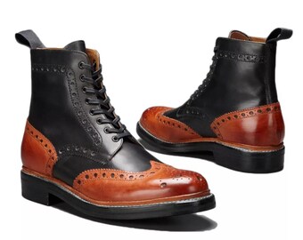 Leren herenlaarzen handgemaakte zwartbruine combat vleugeltip brogue formele kledingschoenen