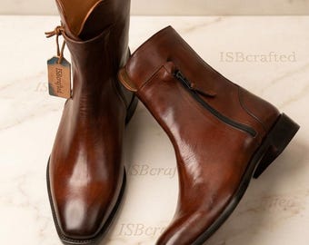 Handmade Leather Ankle Boots | Men’s Side Zip Dress Boots, Bespoke Brown Leather Boots, Custom Leather Shoes | ISBCcrafted