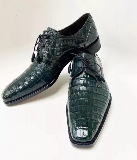 Men's Handmade Green Dress Leather Shoes Crocodile Pattern Formal Shoes