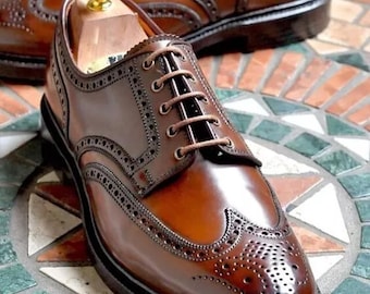 Men&#39;s Handmade Genuine Brown Leather Lace Up Oxford Brogue Formal Dress Shoes