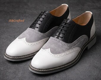 Handmade Spectator Oxfords | Men’s Black White & Grey Suede Wingtips, Bespoke Dress Shoes